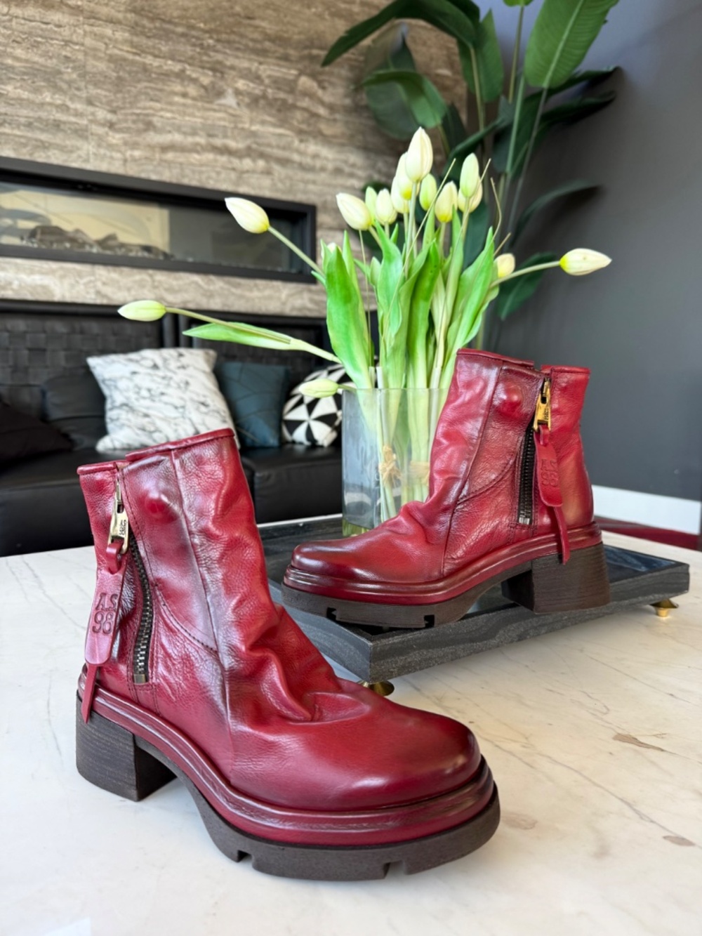 New A.S.98 Eire Ankle Zip Leather Boots Red - Picture 13 of 16